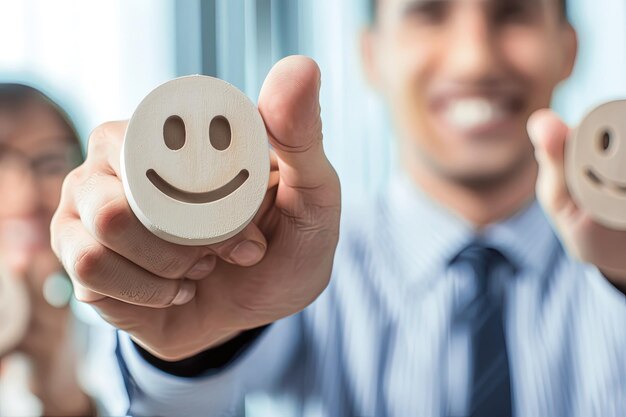 A man holding a smiley face in front of his face