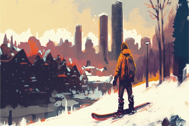 Man holding snowboard standing in front of a winter landscape with a deserted city in the background Fantasy concept Illustration painting Generative AI