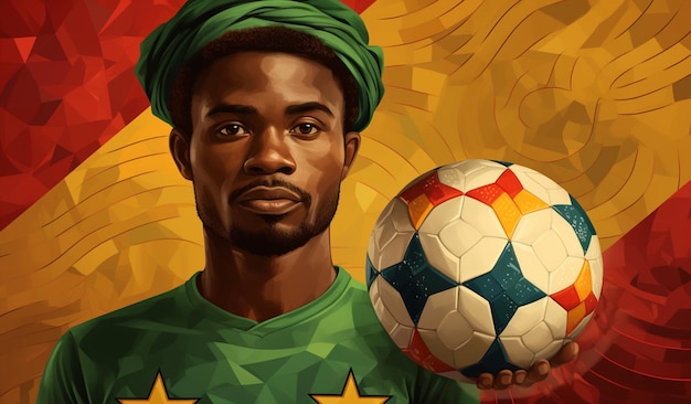 a man holding a soccer ball and a flag of cameroon