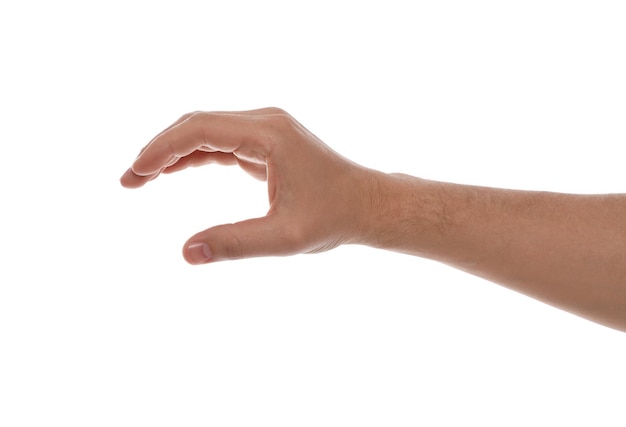 Man holding something against white background closeup of hand