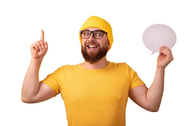 Photo man holding speech bubble mock up isolated on white background