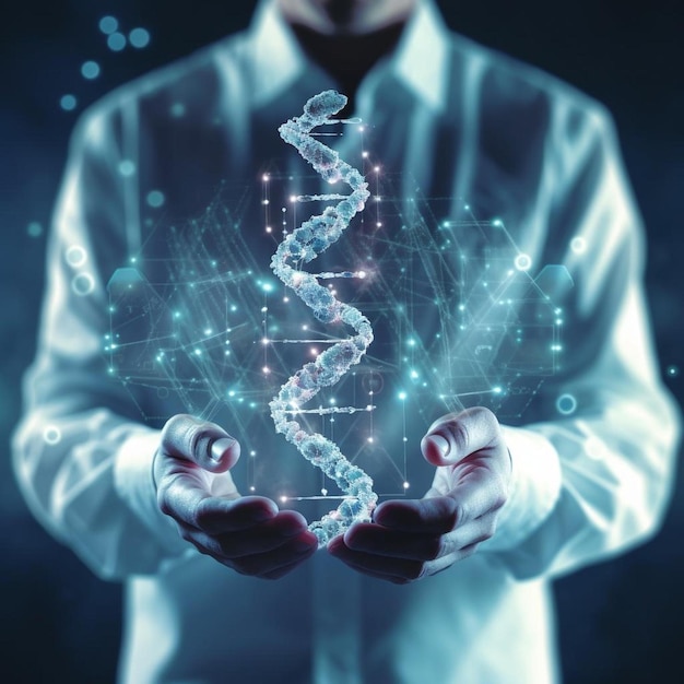 Photo a man holding a spiral in his hands with the words  dna  on the bottom