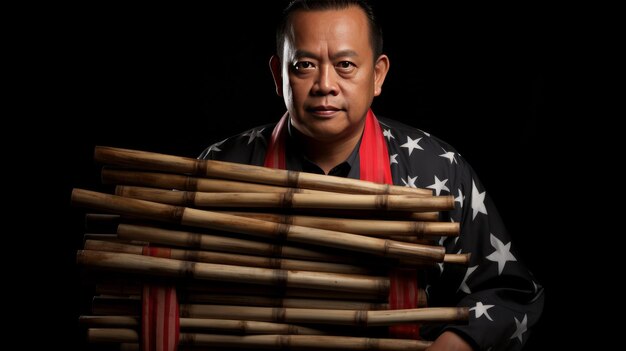 Man Holding a Stack of Bamboo Sticks