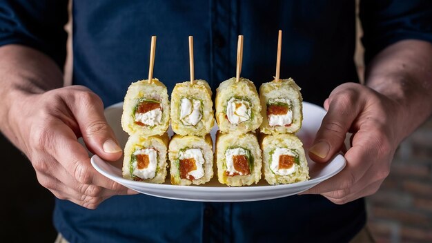 Man holding sticks with tempura roll rice crab cream cheese sesame eel ginger wasabi side view