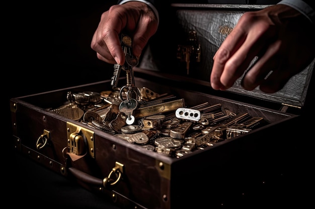 鍵と宝石でいっぱいのスーツケースを握っている男性