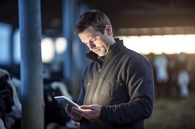 a man holding a tablet to check production in a cattle farm with generative ai