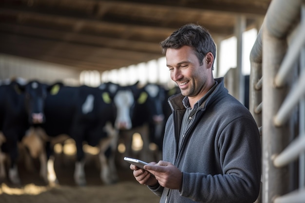 a man holding a tablet to check production in a cattle farm with Generative AI