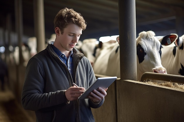 Photo a man holding a tablet to check production in a cattle farm with generative ai