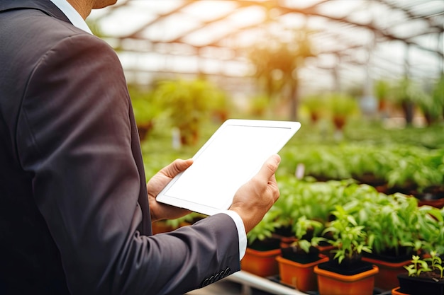 Man holding tablet pc with blank screen in greenhouse