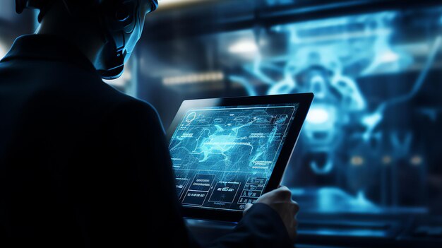 man holding tablet with artificial intelligence hologram futuristic technology computer
