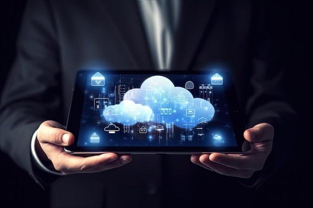 A man holding a tablet with a cloud on it for concept of cloud computing