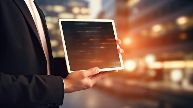 a man holding a tablet with the screen showing a digital screen.