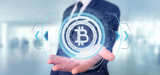man holding a technology bitcoin icon on a circle 3d rendering