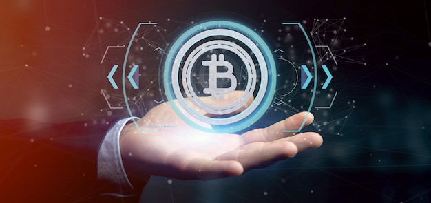 man holding a technology bitcoin icon on a circle 3d rendering