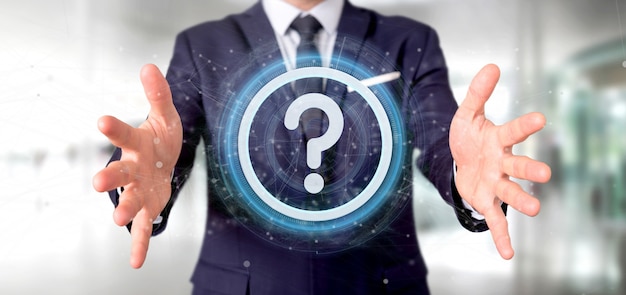 Man holding a Technology question mark icon oncircle 