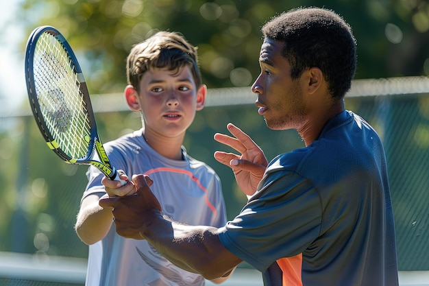 Foto un uomo che tiene una racchetta da tennis accanto a un ragazzino