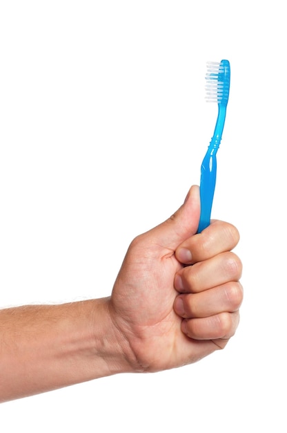 man holding a toothbrush isolated on white background