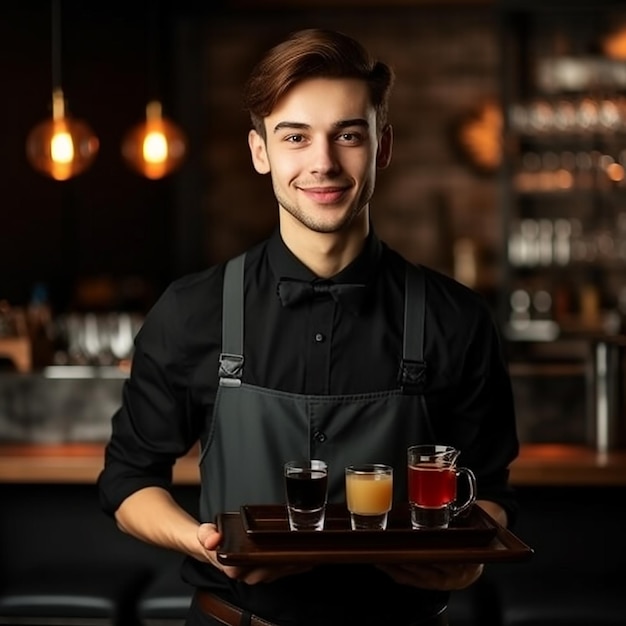 a man holding a tray of drinks and a tray of drinks with a drink in it.