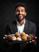 Photo a man holding a tray of food with a plate of cookies on it