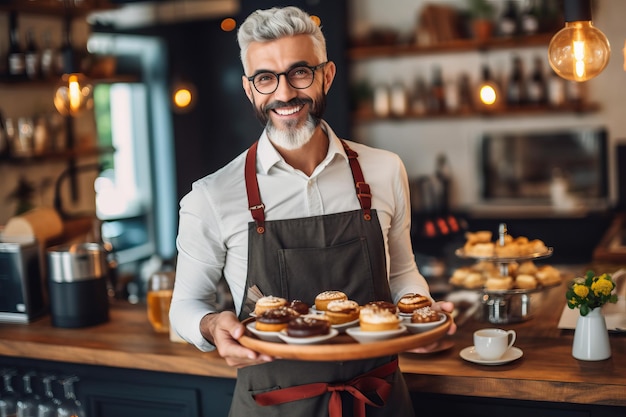 A man holding a tray of pastries in a bakery.