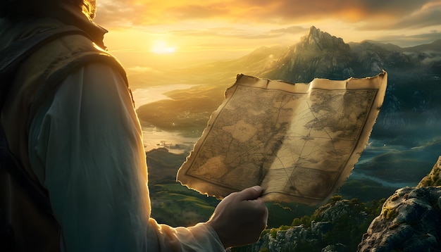 Foto uomo con una mappa del tesoro davanti al paesaggio