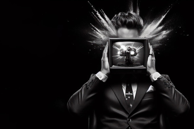 Photo a man holding a tv with an explosion place for text abstraction