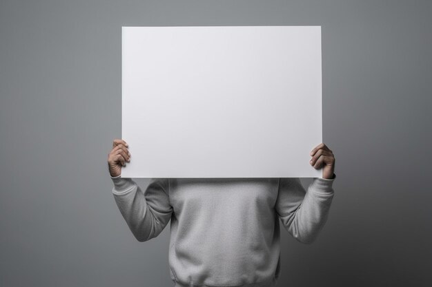 Man holding up blank white sign board with grey Backdrop