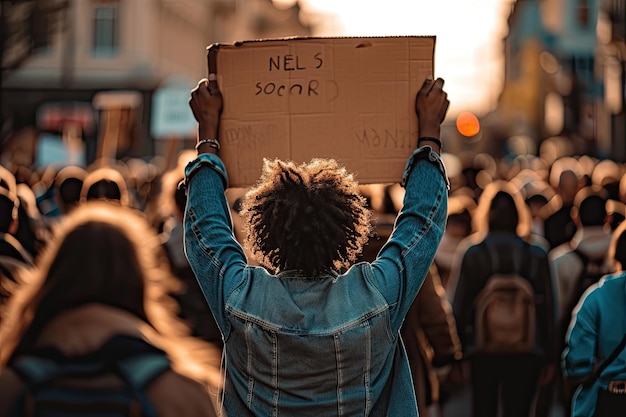 Man holding up a cardboard sign in a crowd