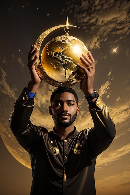 A man holding up a golden world A unique and diverse crescent moon