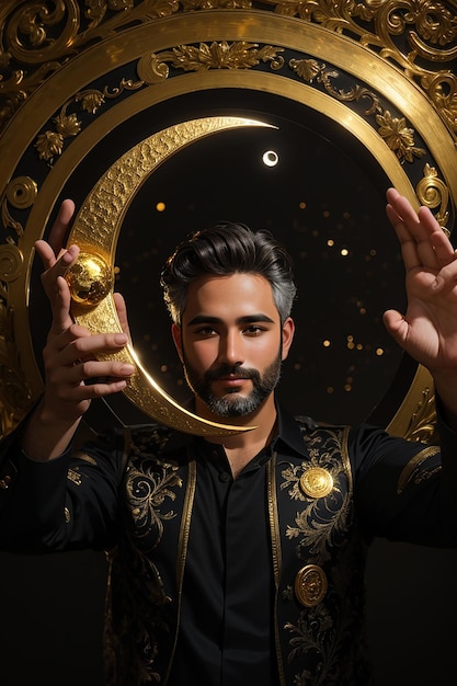 Photo a man holding up a golden world a unique and diverse crescent moon