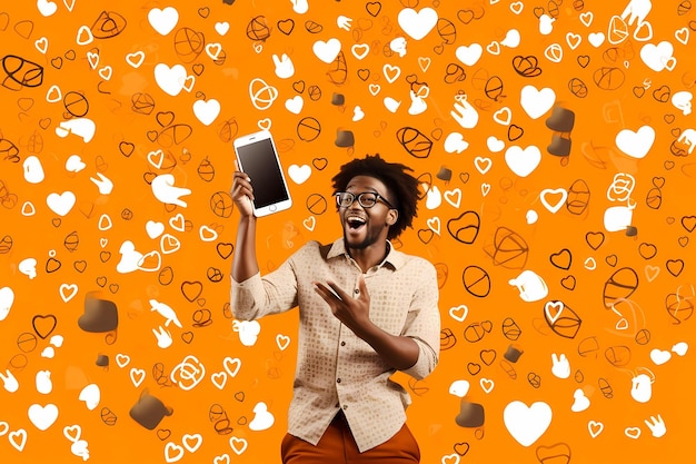Foto un uomo che tiene in mano un tablet con uno sfondo di cuore e la parola amore su di esso.