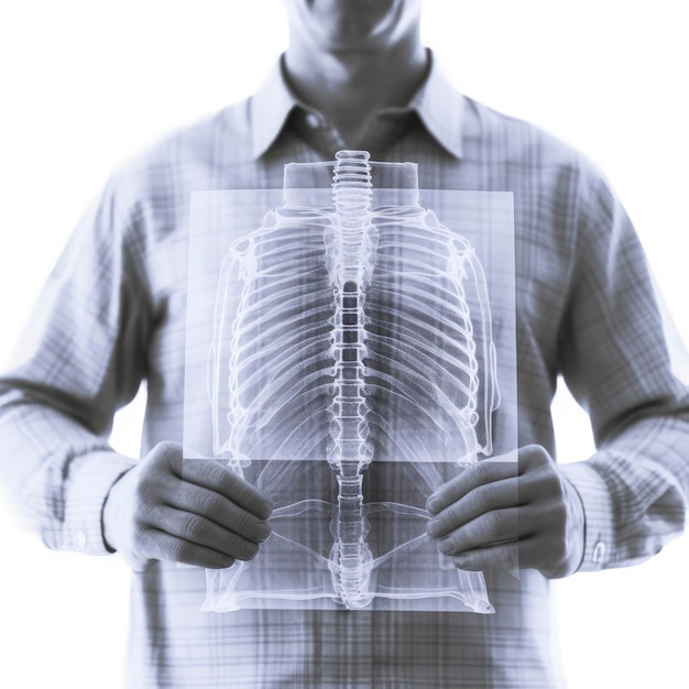 Photo a man holding up an xray image of a chest for medical examination