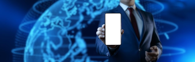 Man holding and using smartphone on digital background technology internet and business concept