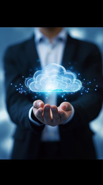 Man holding virtual cloud computing in hand concept