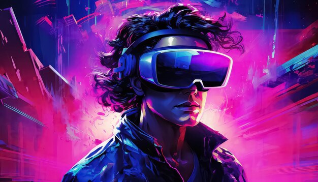 man holding virtual reality glasses surrounded by virtual data with neon ultraviolet lines