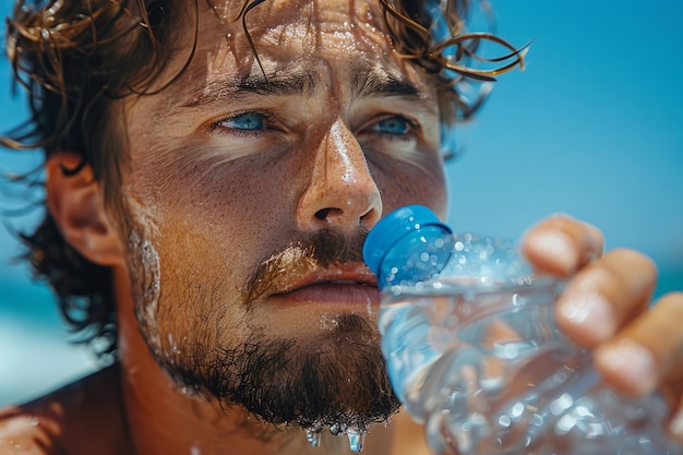 Foto uomo con una bottiglia d'acqua contro il cielo blu limpido