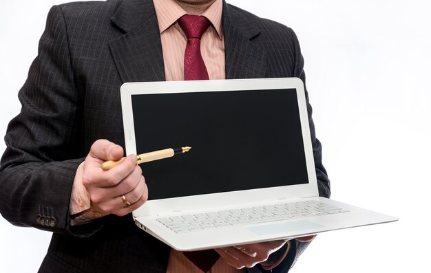 Man holding white laptop on white background