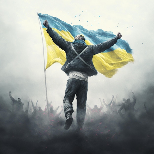 Photo a man holding a yellow and blue flag that says ukraine on it.