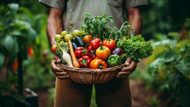 a man holds a basket filled with fresh ripe fruits the concept of healthy food selective focus