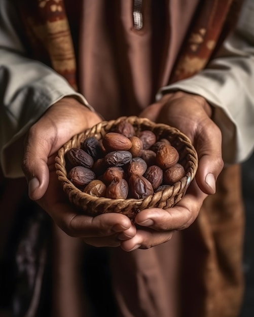 A man holds a basket of nuts in his hands.