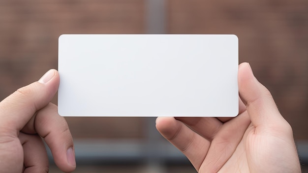 a man holds a blank white card in his hand.