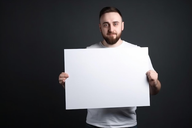 A man holds a blank white sign board mockup in his hand