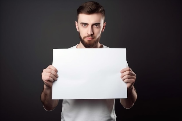 A man holds a blank white sign board mockup in his hand