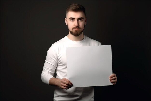 A man holds a blank white sign board mockup in his hand