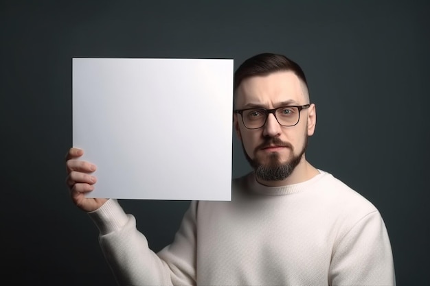 A man holds a blank white sign board mockup in his hand