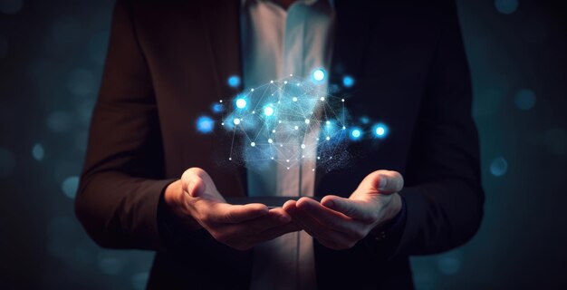 A man holds a blue sphere in his hands.