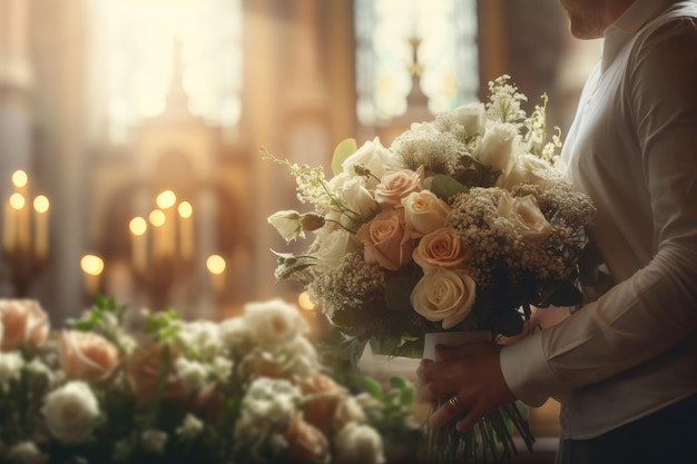 A man holds a bouquet of flowers in front of a candlelight.