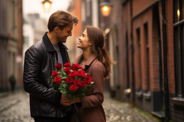 男性が女性の隣にバラの花束を握っている男性が,舗装された通りでバラの花束で女性を驚かせる男性AI生成