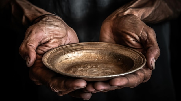 a man holds a bowl with the hands holding it