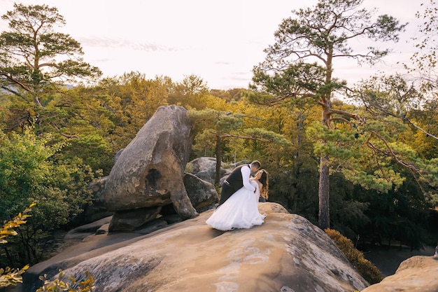 男は花嫁を抱きしめ、大きな石の緑と美しい空を背景に山の上に立って優しくキスをします